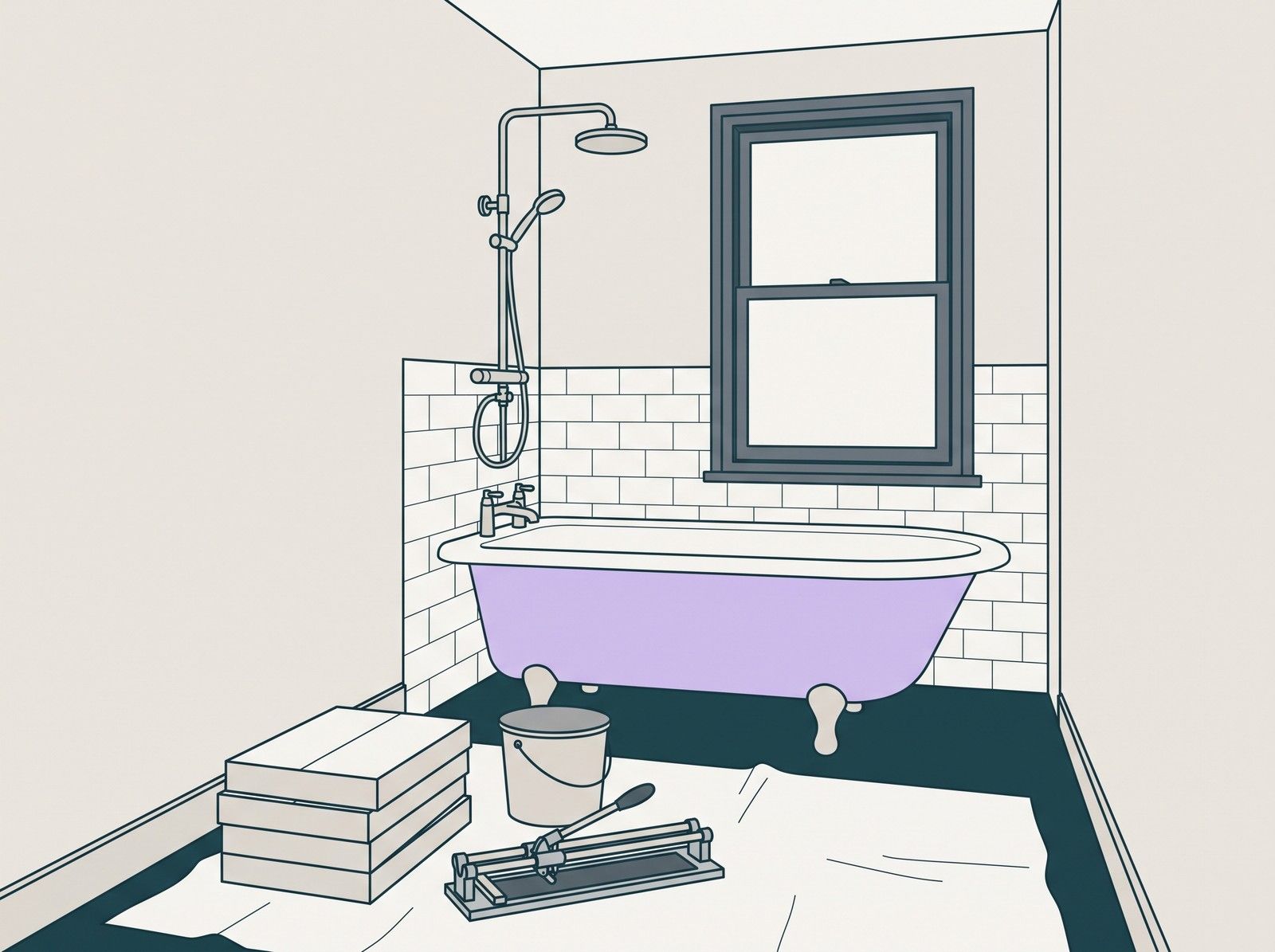 A bathroom in a Victorian terraced house part way through a refit, with a new bath in place, the walls half tiled and boxes of tiles on dust sheets
